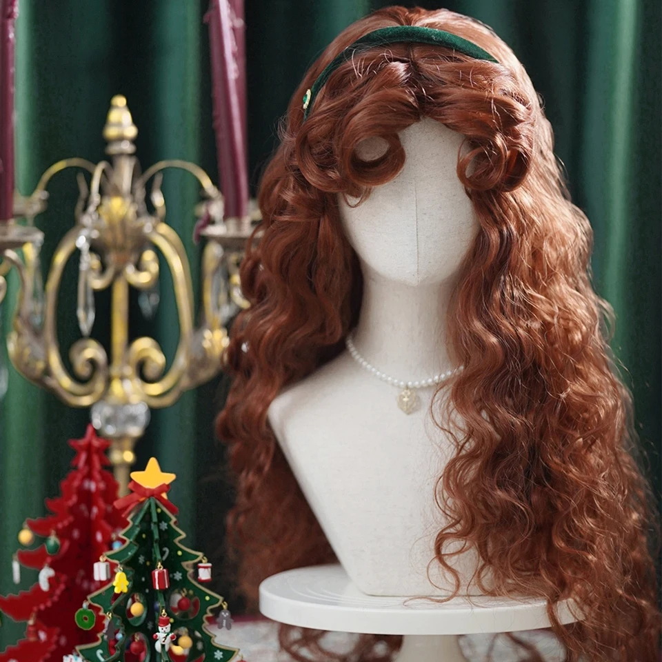 Synthetic Long Wavy Curly Lolita Wig with Bangs Girl Cute reddish brown Cosplay Party Halloween Heat-resistant Wig.