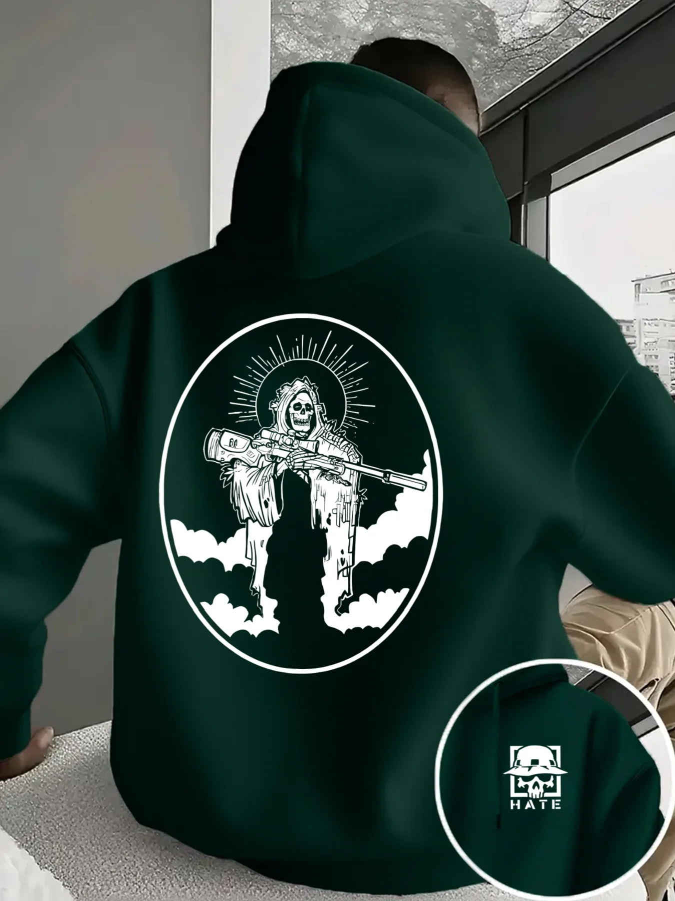 Dark and edgy men's hooded sweatshirt with skull warrior retro pattern print and mysterious pocket pullover hoodie - view 2