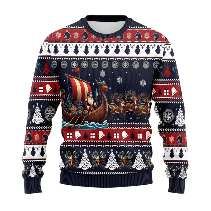 Fashion Skull Santa Claus Sweatshirt Trend Axe Shield Pattern 3D Printed Ugly Christmas Sweater Casual Crew Neck Pullovers Tops