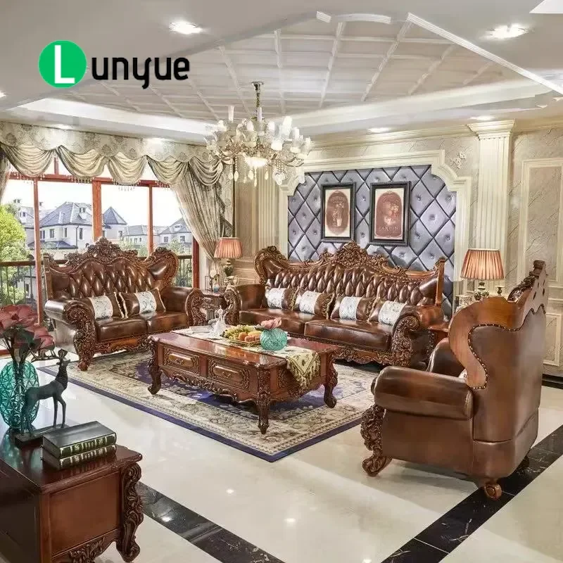 European Oak Solid Wood Sofa Set 1+2+3 Carved Floral Design Large Size 4 Piece High End American Style Furniture for Villa