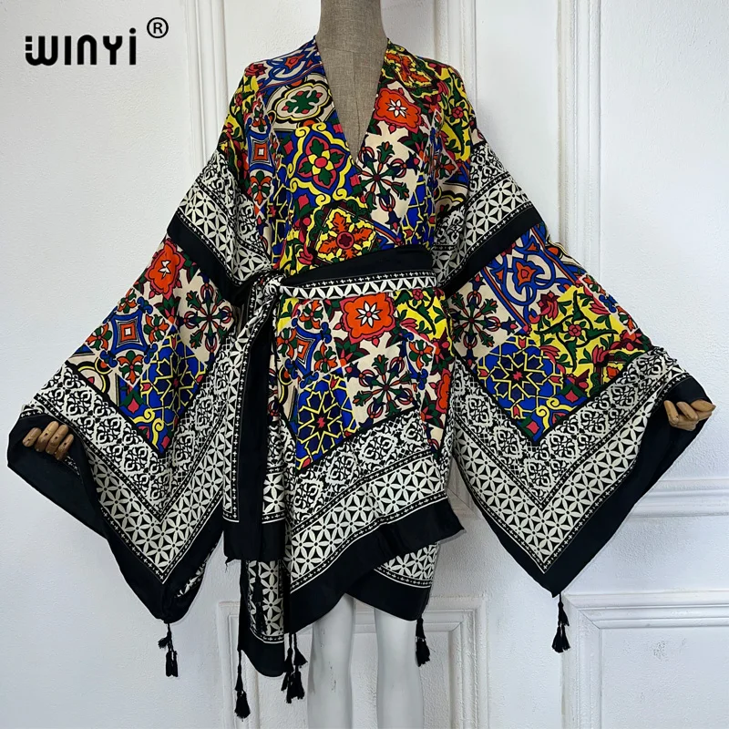 WINYI Summer print kimono Women Cardigan stitch robe sexy Boho Maxi African Holiday Batwing Sleeve cotton feeling Robe dress