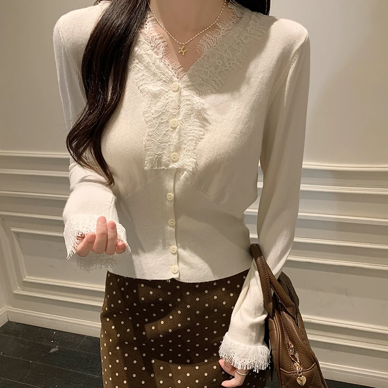 

Spring Autumn Cardigan for Women Patchwork Lace Long Sleeve Sueter Mujer Fashion Korean Sweet Lace Knitted Sweater Cropped Tops