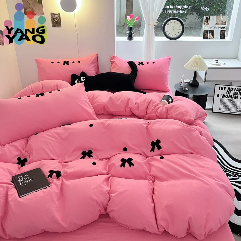 Cartoon Embroidery Bedding Set Duvet Cover Queen Full Twin Size Bed Flat Sheet Kids Girls Room Decor Quilt Cover Kawaii