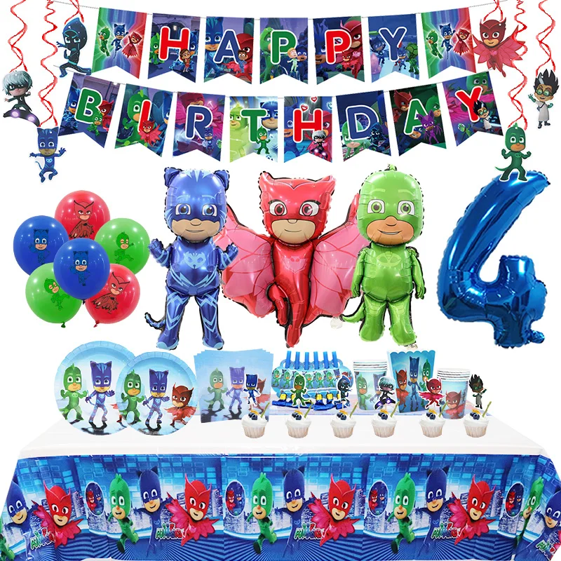 Pjm Mask Birthday Party Decoration Aluminum Foil Balloon For Kid Event Supplies Disposable Tableware Banner Backdrop Gift