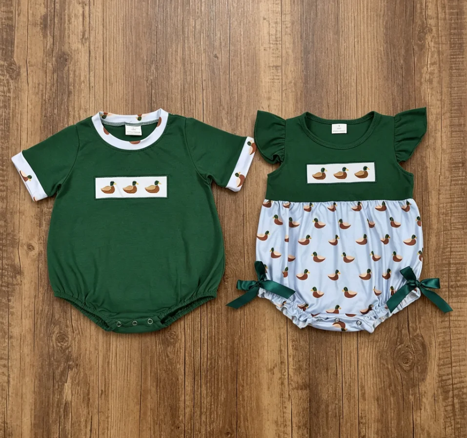 Wholesale Baby Boy Girl Stripes Short Sleeves Newborn Toddler Embroidery Ducks Green Bubble Rompers Kids Children Infant Clothes