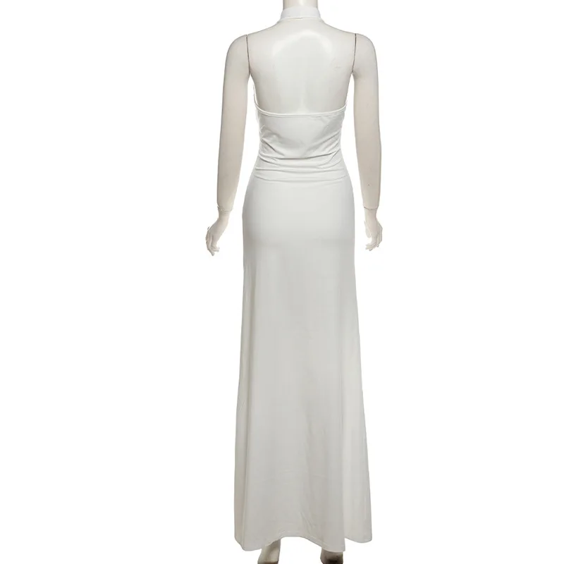 Femmes solide ruban licou dos nu Maxi Robe de soirée Sexy col en v profond sans manches moulante Club longue Robe tenues de vacances