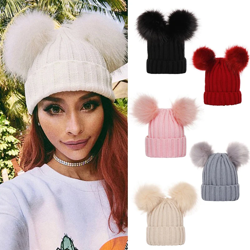 Winter Women Knitted Hats Pompom Warm Woman Beanie Hat Faux Fur Ball Teenager Girls Cap Bobbles Christmas Hat