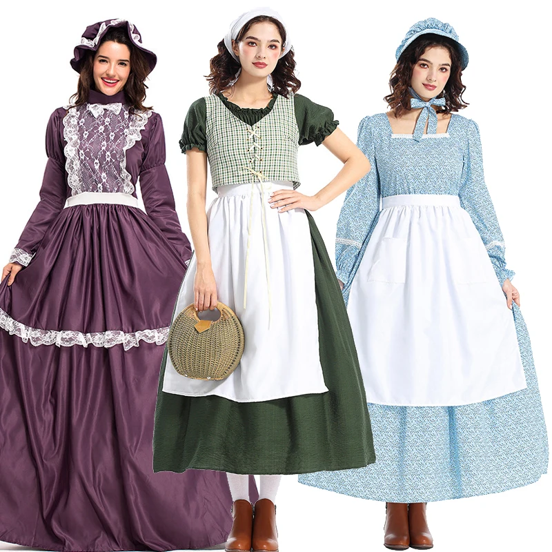 NEW Carnival Halloween Lady Little House On The Prairie Costume American Pioneer Pilgrim Playsuit Cosplay Fancy Party Dress