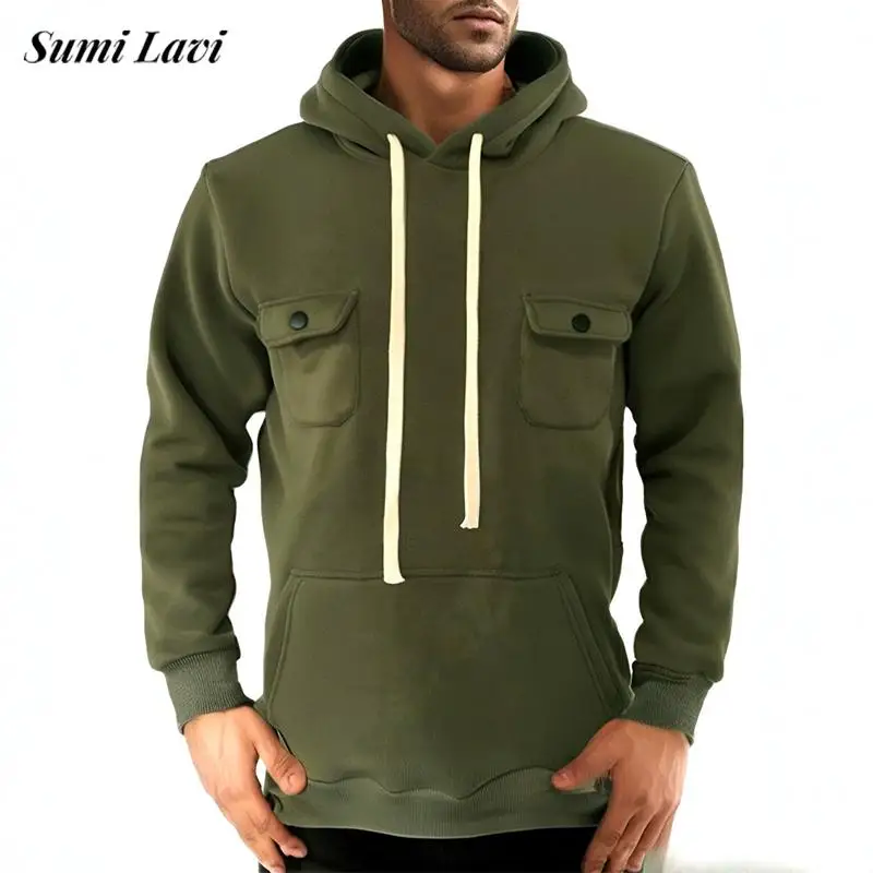 2024 Fall Winter Casual Fleece Lining Hoodie Mens Leisure Pockets Solid Color Fleece Hoodies Men Streetwear Fashion Sweatshirts