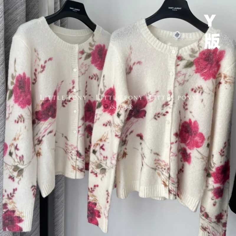 

24 Autumn and winter niche design retro rose print soft waxy alpaca wool senior knit long sleeve cardigan