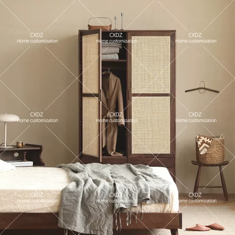 Solid Wood Rattan Wardrobe Double Door Storage Cabinet for Small Apartment Bedroom Retro Walnut Wood Closet