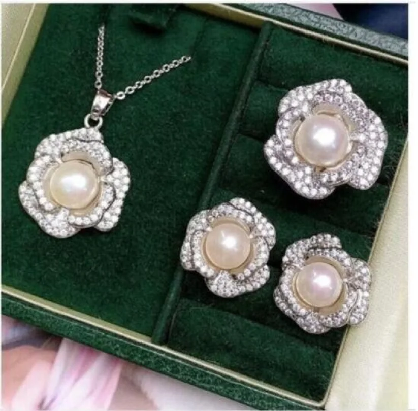 New AAAA 8-9mm South China Sea White Earstuds Pearl Pendant Earring Set 925s-