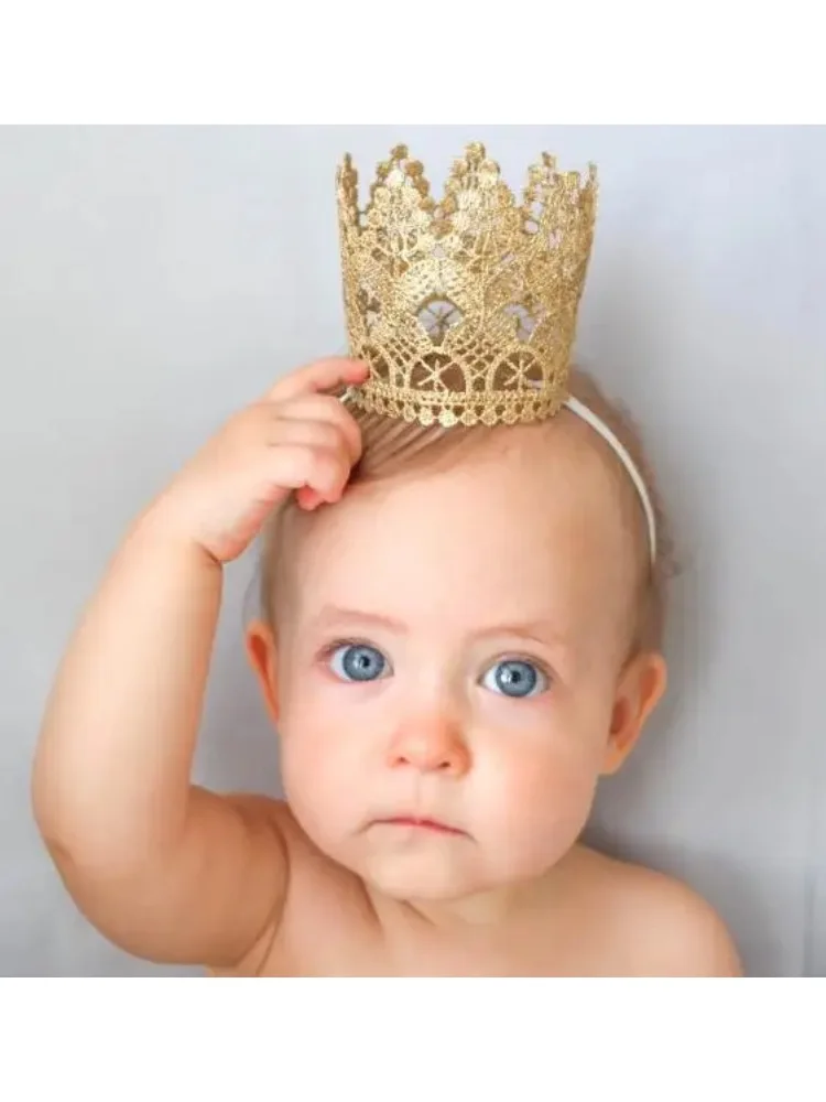Yundfly złote koronki 3D korona dziecko pałąk noworodka dziewczyny elastyczna Tiara Hairband prezent urodzinowy fotografia rekwizyty — zdjęcie 2