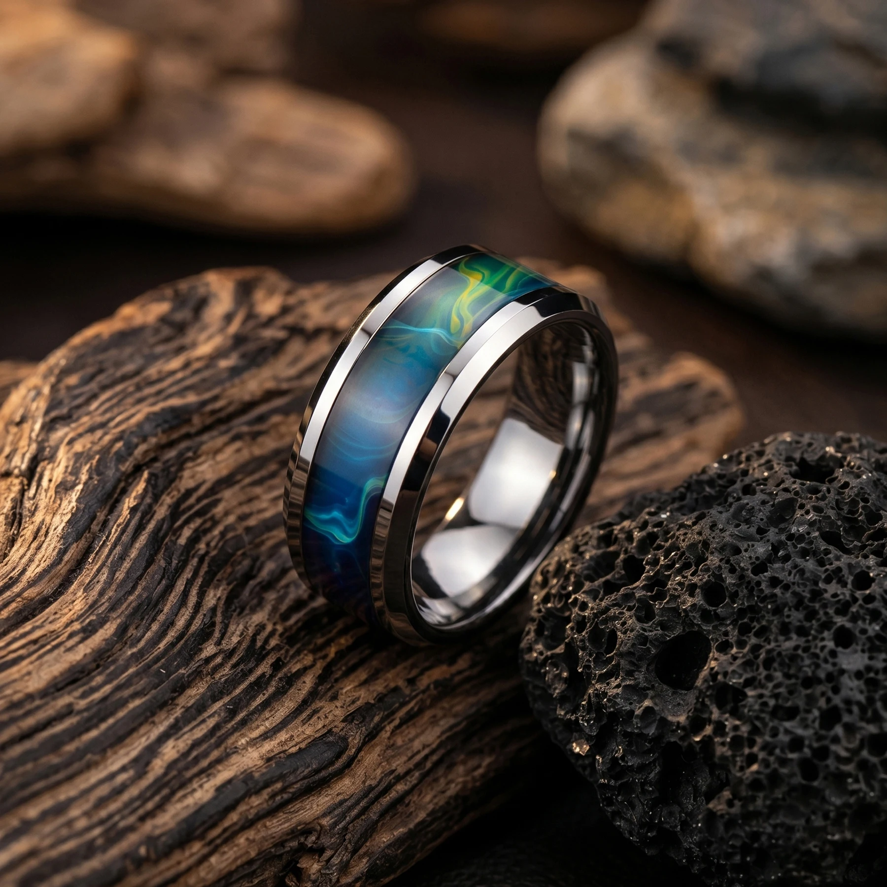 SUNFLOWERZHU 8MM Green Stainless Steel Rings Men Women High Polished Wedding Band Engagement Double Beveled Stainless Steel Ring