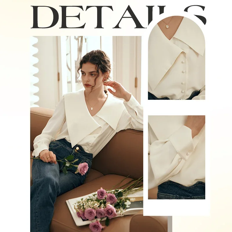 OLrain French Vintage Shirt Woman Spring 2025 New Fashion White Elegant Tops Long Sleeve Asymmetric Lapel Blouses O23QC85921