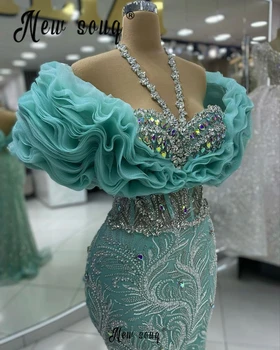 Luxo hortelã verde vestido de noite babados cristais cintas halter vestidos de festa de casamento sereia vestido de ocasião formal personalizado