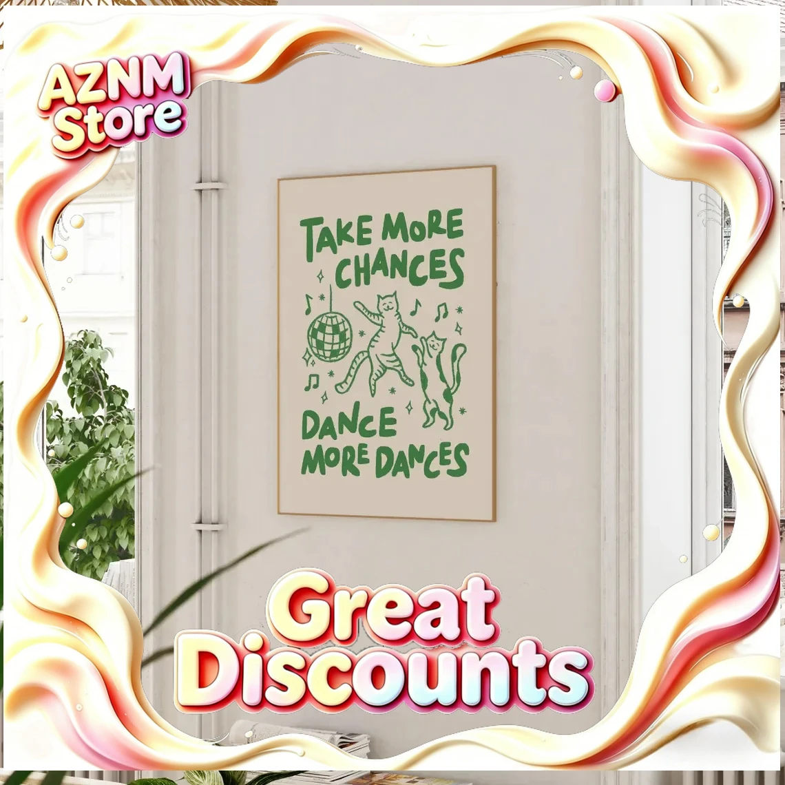 Playful ‘Take More Chances Dance More Dances’ Cat Disco Wall Art – Whimsical Green Print with Dancing Felines & Disco Ball, P