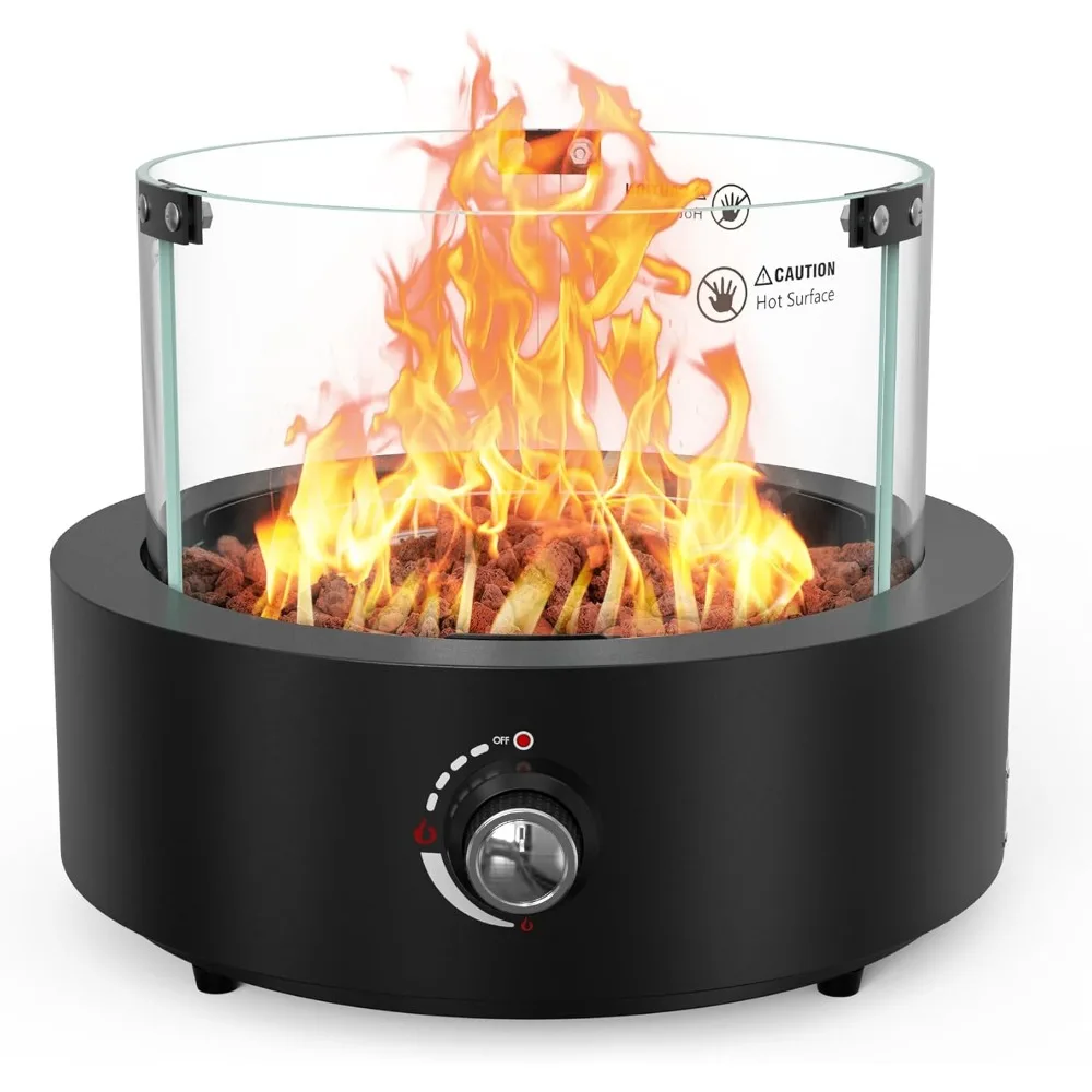 

Portable Outdoor Tabletop Propane Fire Pit with Side Access, Smokeless Design, Glass Wind Guard, and Lava Rocks