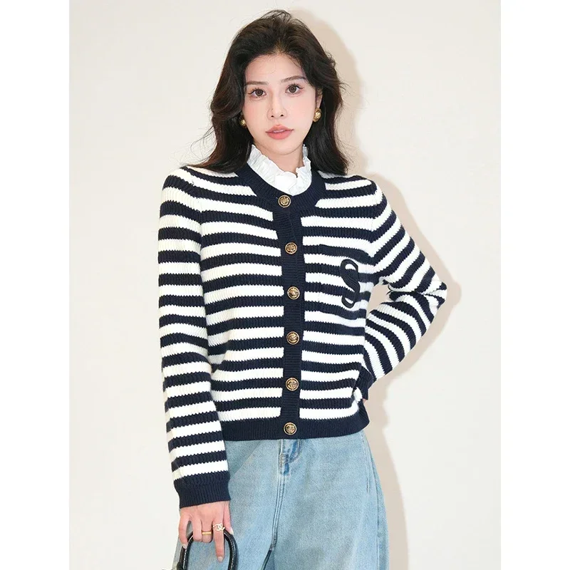 2024 Spring Classic S Letter Knit Cardigan Coat Women Stripe Sweater Ruffles Collar Tops Luxury Designer Brand Chic Y2K Clothing