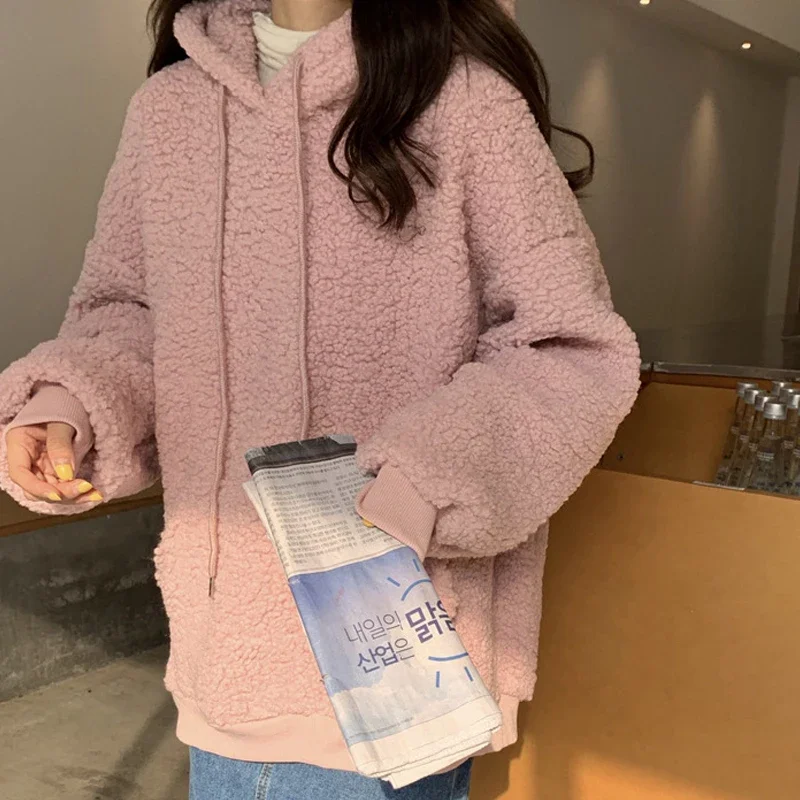 Winter Warm Wool Bear Ear Hooded Sweatshirt Women Korean Style Students Plus Size Hooded Pullover 2024 Oversized Hoodies Tops