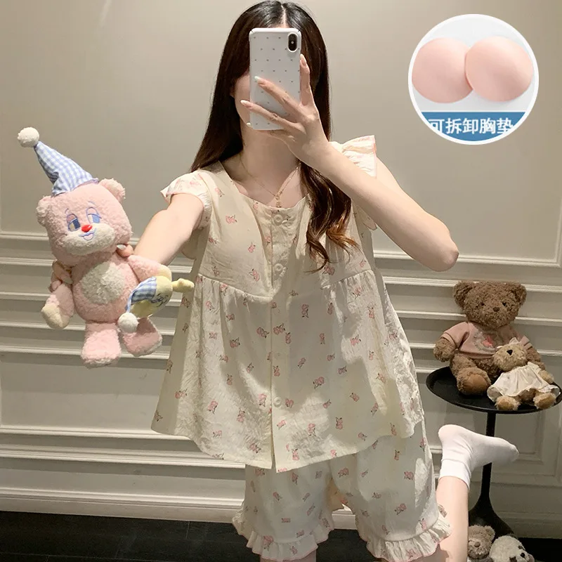 Summer Women Pajamas Set Thin with Built in Bra Cloud Cotton Sleeveless Vest Shorts Homewear