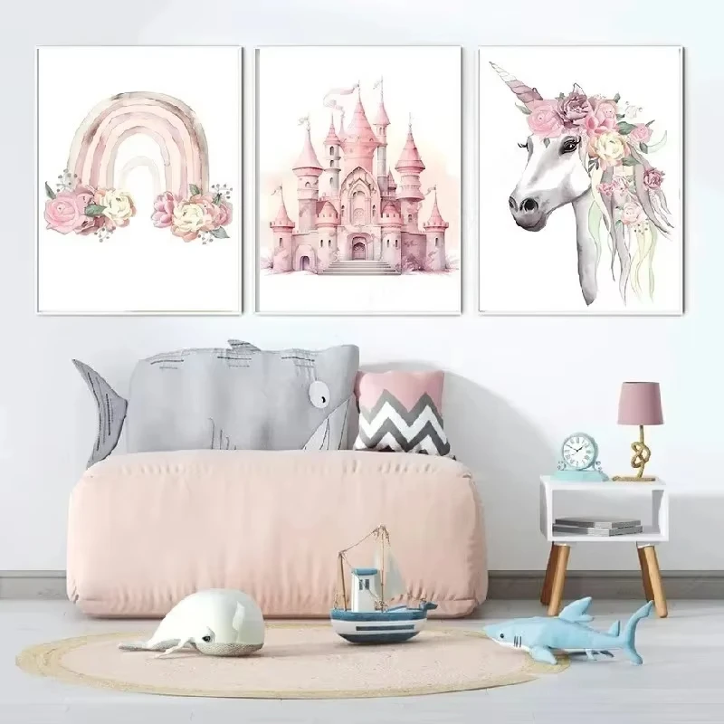 Pink Princess Rainbow Unicorn Castle Crown Custom Name Wall Art Canvas Painting Poster ＆ Print Pictures For Girl Kids Room Deco