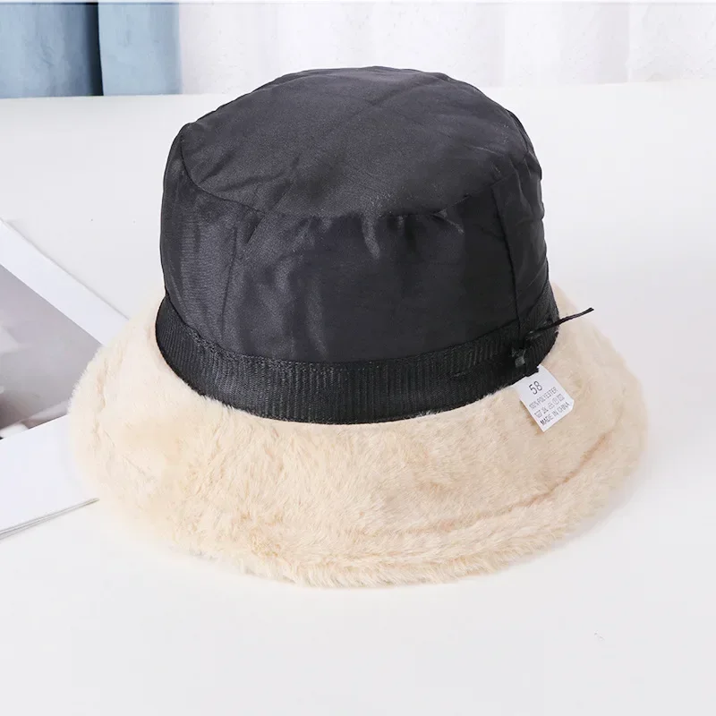 Winter Rabbit Plush Fisherman Hats for Women Girl Bucket Hat  Windproof Leopard Soft Faux Fur Wide Brim Lady Women Artist Cap