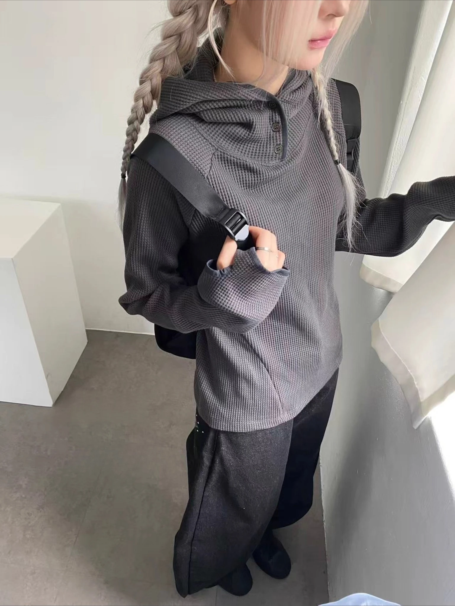 

2000s Kpop Vintage Turtleneck Long Sleeve T-shirts with Hooded Women Outwear Casual Y2k Crop Top Sweatshirt Button Tee Shirts