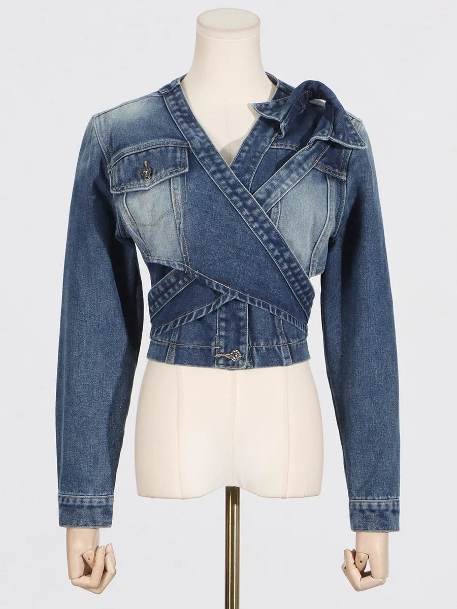 Tannt Women Denim Jacket 2024 Spring New Fashionable V Neck Cross Bandage Asymmetrical Denim Coat High Waist Short Jean Tops