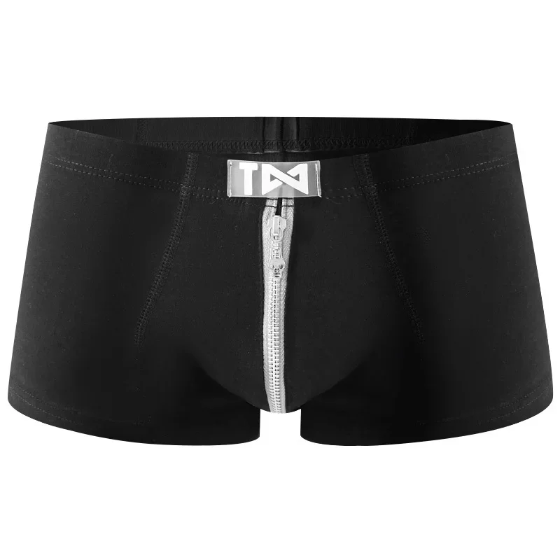 Double Zippered Full Range Boxy Underwear for Men Low Waist U Convex Pouch Tight Fitting Boxer Briefs Cotton Breathable Knickers