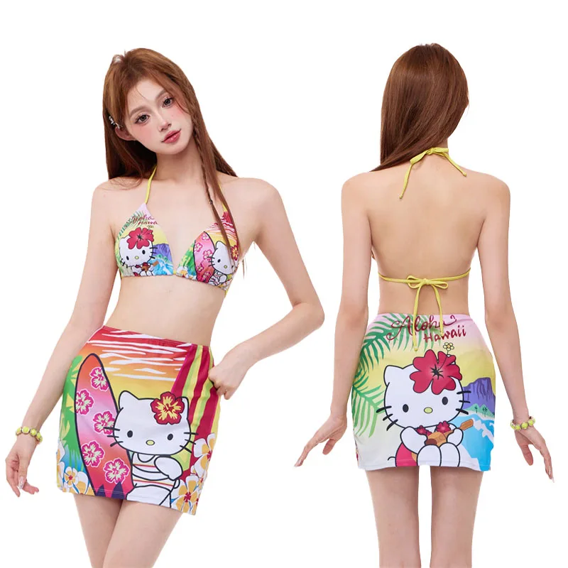 Cute Cartoon Print Hellokittys Sexy Thin Belt Strappy Bikini Split Beach Swimsuit Suit Anime Sexy Sweet Triangle Cup Girl