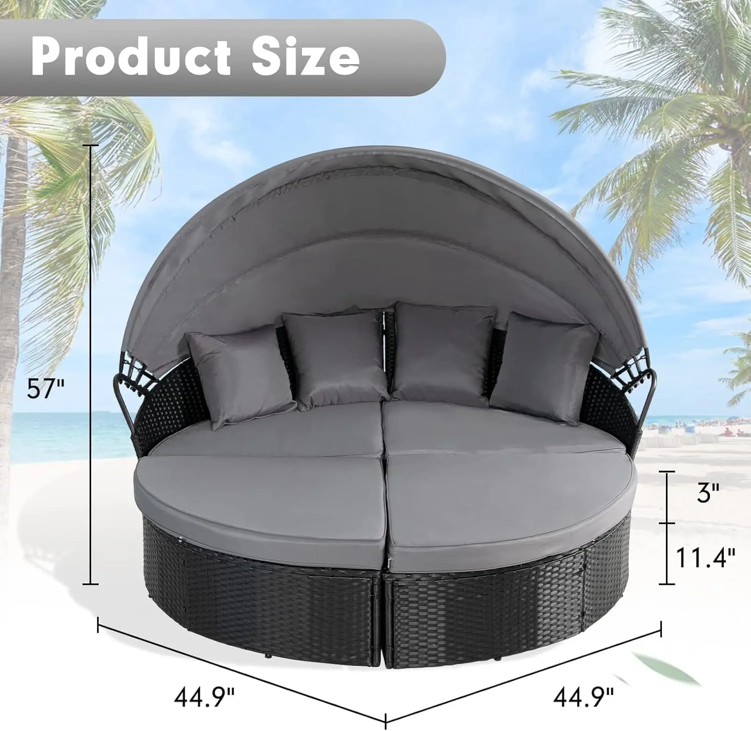 Round Wicker Outdoor Daybed with Retractable Canopy, Washable Cushions, Backyard & Porch, Customized