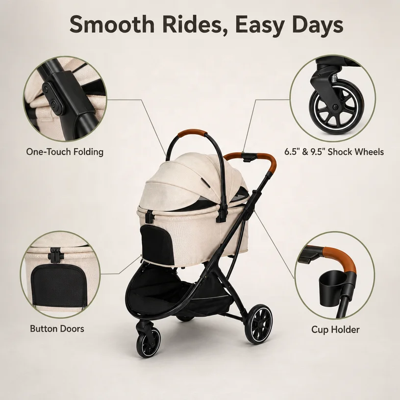Pet Stroller Detachable Carrier 3 Wheels One Click Fold Dog Stroller 2 In 1 Detachable Carrier PU Leather Handle