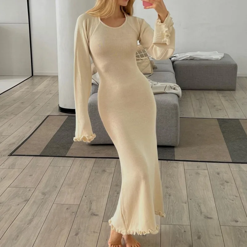 

Women Elegant Ruffle Hem Knit White Long Dress O-neck Flare Long Sleeve Backless Bandage Dresses 2024 New Evening Party Robes