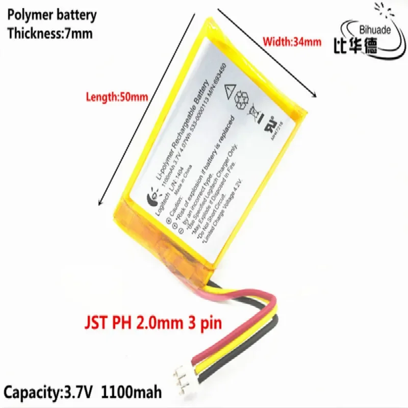 JST PH 2.0mm 3 pin Liter energy battery 3.7V,1100mAH,703450 Polymer lithium ion / Li-ion battery for TOY,POWER BANK,GPS,mp3,mp4