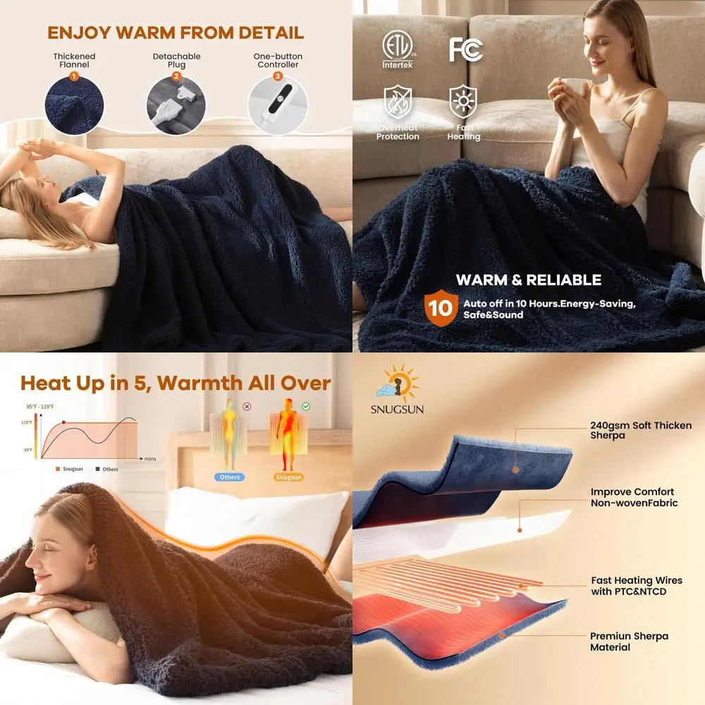 

Double-Sided Sherpa Twin Electric Blanket with 6 Heat Settings, Auto-Safety, 10-Hour Timer, 62x84 Navy