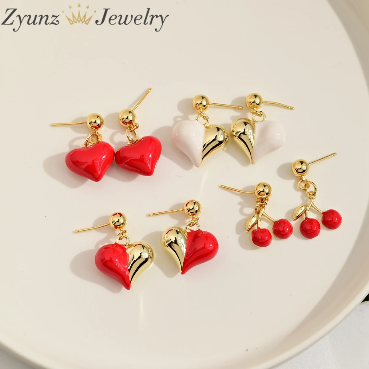 

5 Pairs, Heart Shaped /Cherry Charm Stud Earrings,Red/White Enamel Dangle Earrings Women Love Jewelry