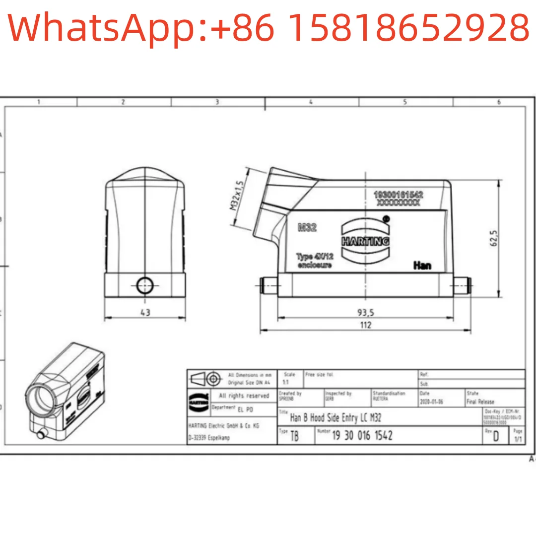 1PCS HARTING Connector 19300161542 Upper Housing HAN-16B-GS-R-M32 Single Latch Side Exit Original Genuine
