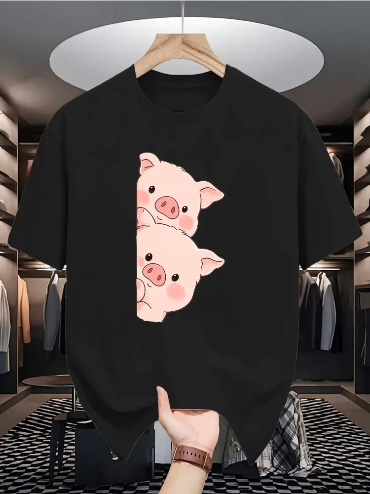 Cartoon Pig Theme Mens Red Short Sleeve Cotton Tshirt Two Adorable Blush Pig Peeking Out Minimal Cute Animal Breathable Tops