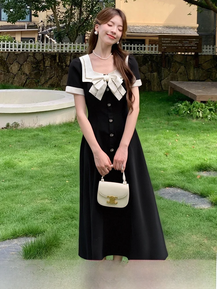 

Новинка лета: женское платье больших размеров с квадратным вырезом, дизайнерское, с узлом, длинная юбка, корейская версия, для повседневной носки, из полиэстера.