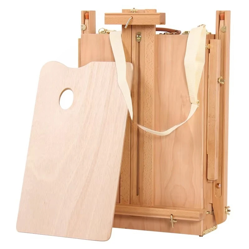 Wooden French easel field art studio tripod with artist sketch box storage drawer, painting sketch palette