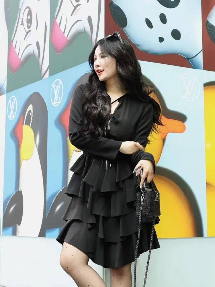 Vestido E Estilo Hepburn com Saia em Camadas, Cintura Alta, Manga Longa, Crimento Curto, Decote Redondo, Silhueta em A