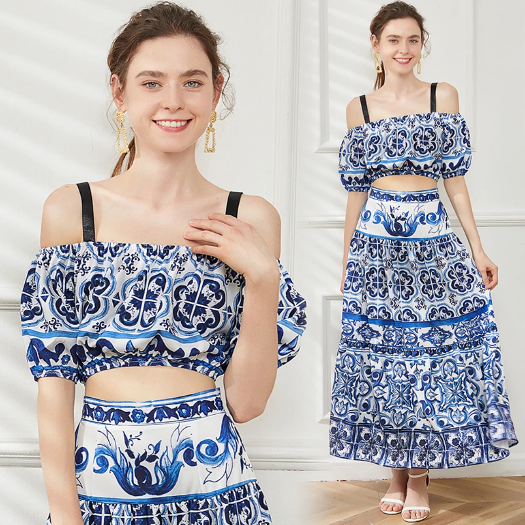 

Runway Summer Skirts Suit Women Short Sleeve Blue and White Porcelain Print Crop Tops and Skirt 2 Pieces Set