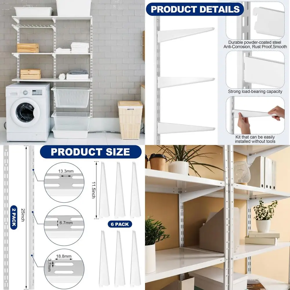 

25 Twin Rail Wall Shelving System with 6 Adjustable Brackets, 11.5 Heavy-Duty Metal Storage Rack for Home Use in White