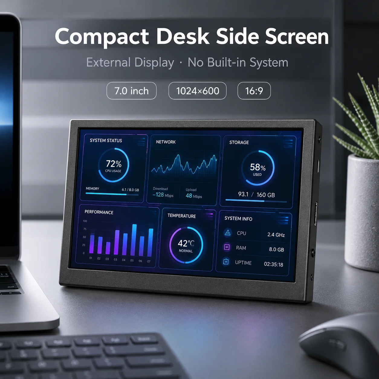 LESOWN 7 Inch Monitor Driver-free HDTV PC Case Sensor Panel IPS External Screen for Computer Hardware Monitoring