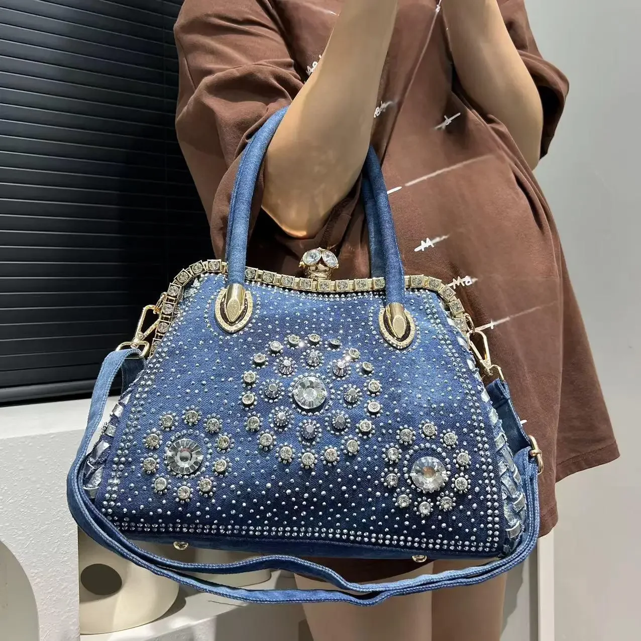 Sac à bandoulière en denim tissé nickel é pour femme, sac fourre-tout diamant, mode initiée, grande capacité