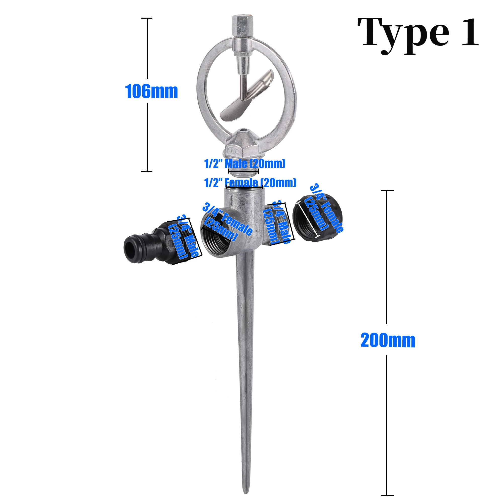 Jardim Rotating Rocker Impact Sprinkler, Rosca Masculina, Metal Spiked Impulse, Rega Gramado, Bico Ajustável, Irrigação, 1/2\