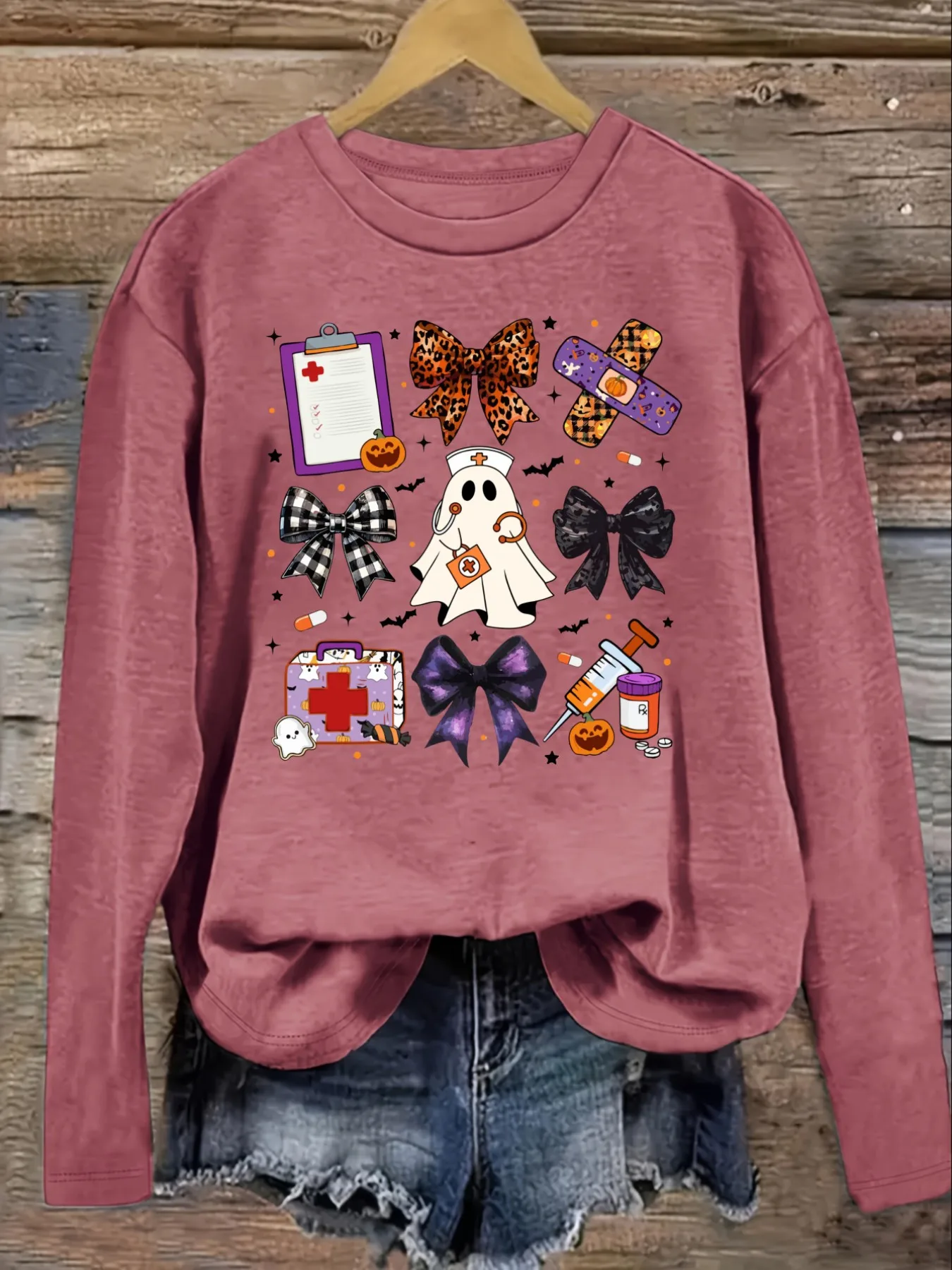 Women's Casual Long Sleeve Crew Neck T-Shirt Halloween Nurse Ghost Bow Prints Design, Round Neck Women's Clothing, Machine Washable, Slightly Elastic, Loose Fit, Spring Autumn Winter Women's T-Shirt, Halloween Costume Outfit view 3
