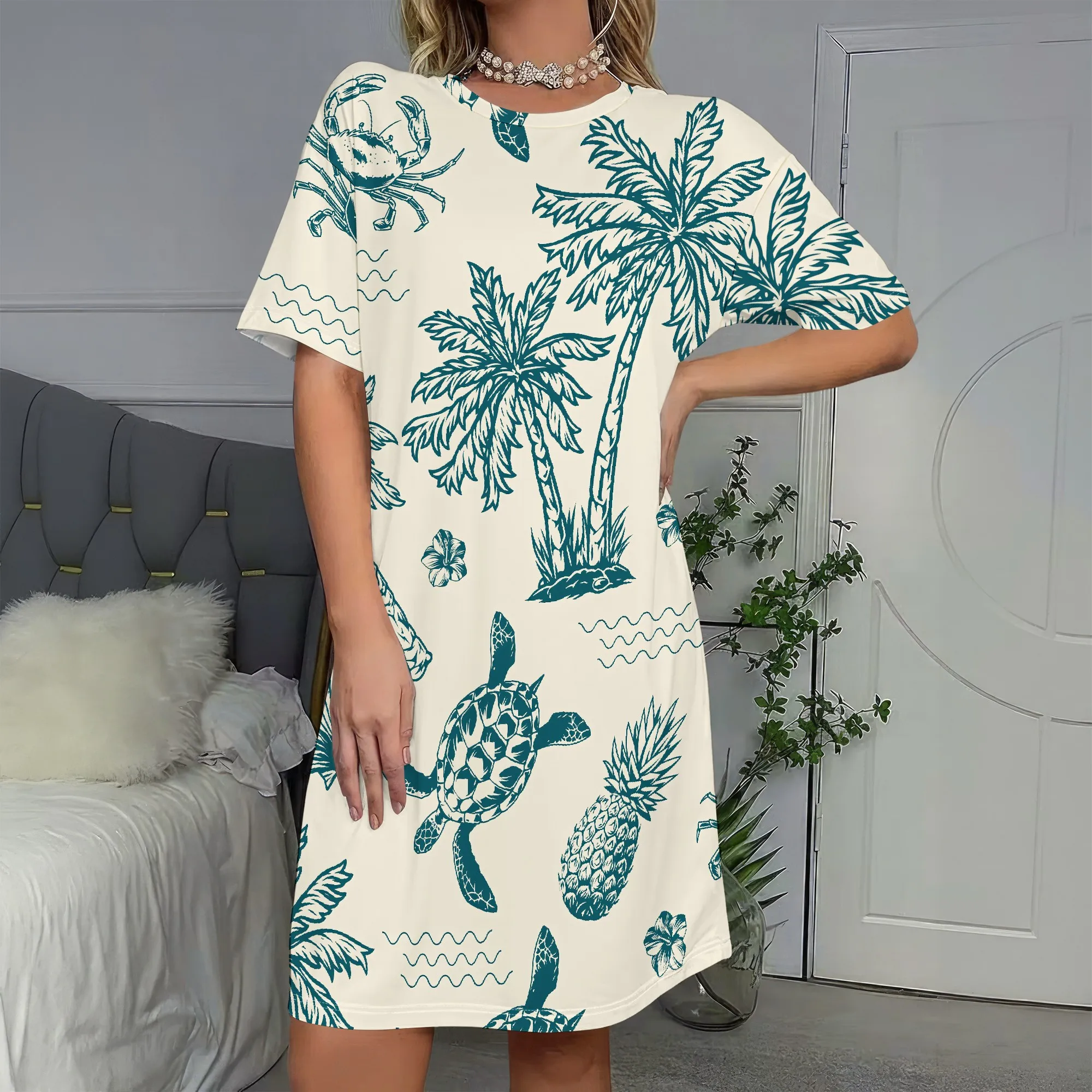 

Tropical Print Short Sleeve Dress, Palm Tree & Sea Turtle Pattern, Beach Vacation Sundress, Summer Casual Wear for Women, S-2XL