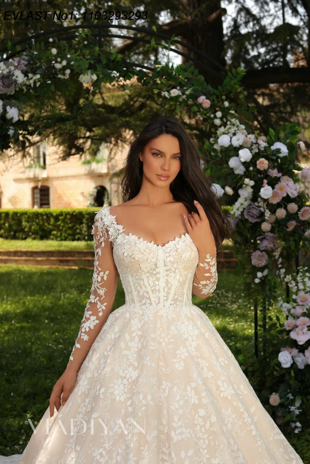 EVLAST Suknia Ślubna w Linii A z Długim Rękawem, Koronkowymi Aplikacjami, Muzułmańskimi Koralikami, Damska Suknia Ślubna Robe De Mariee TBD94